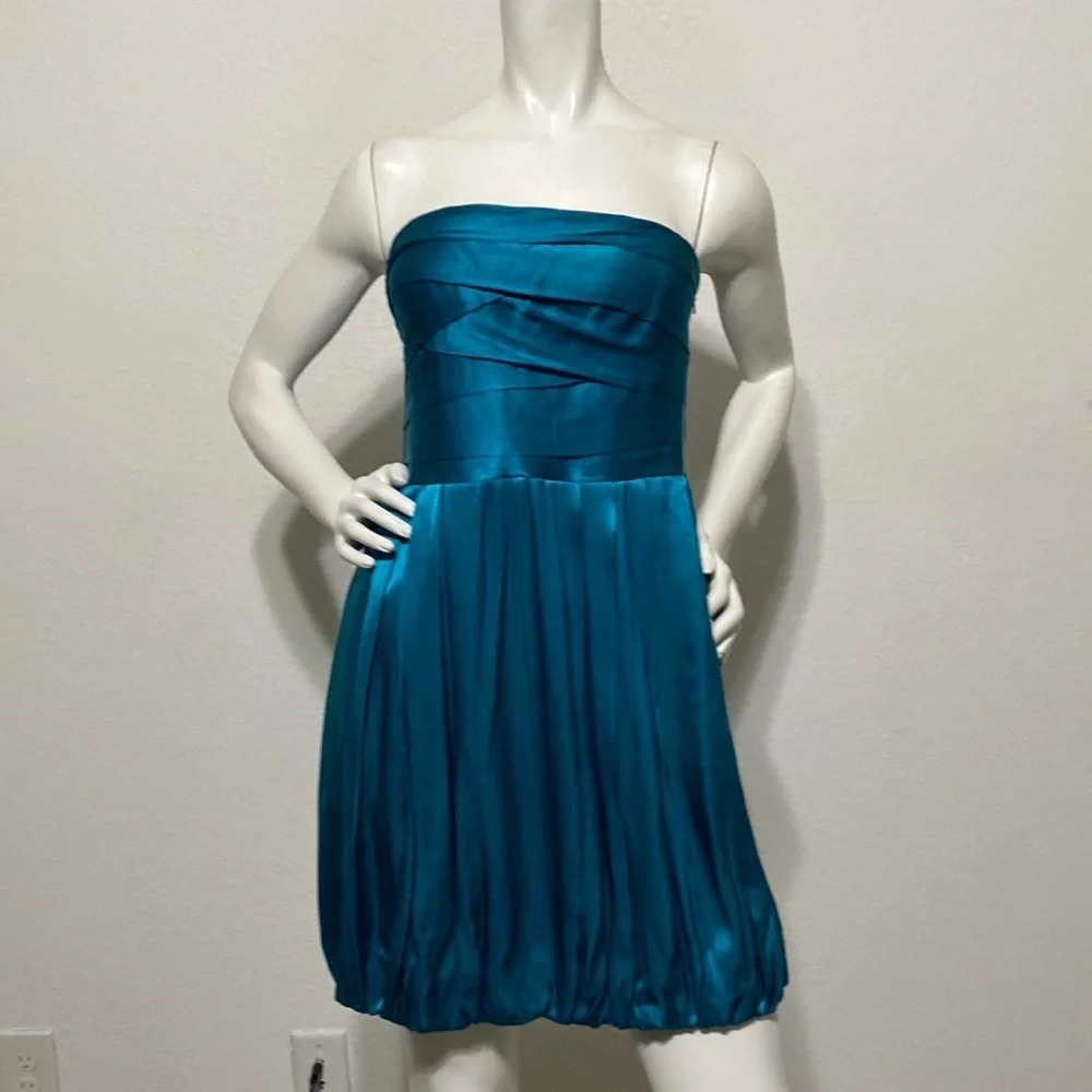 Aqua Teal Blue Pleated Party Strapless Mini Dress Size 8